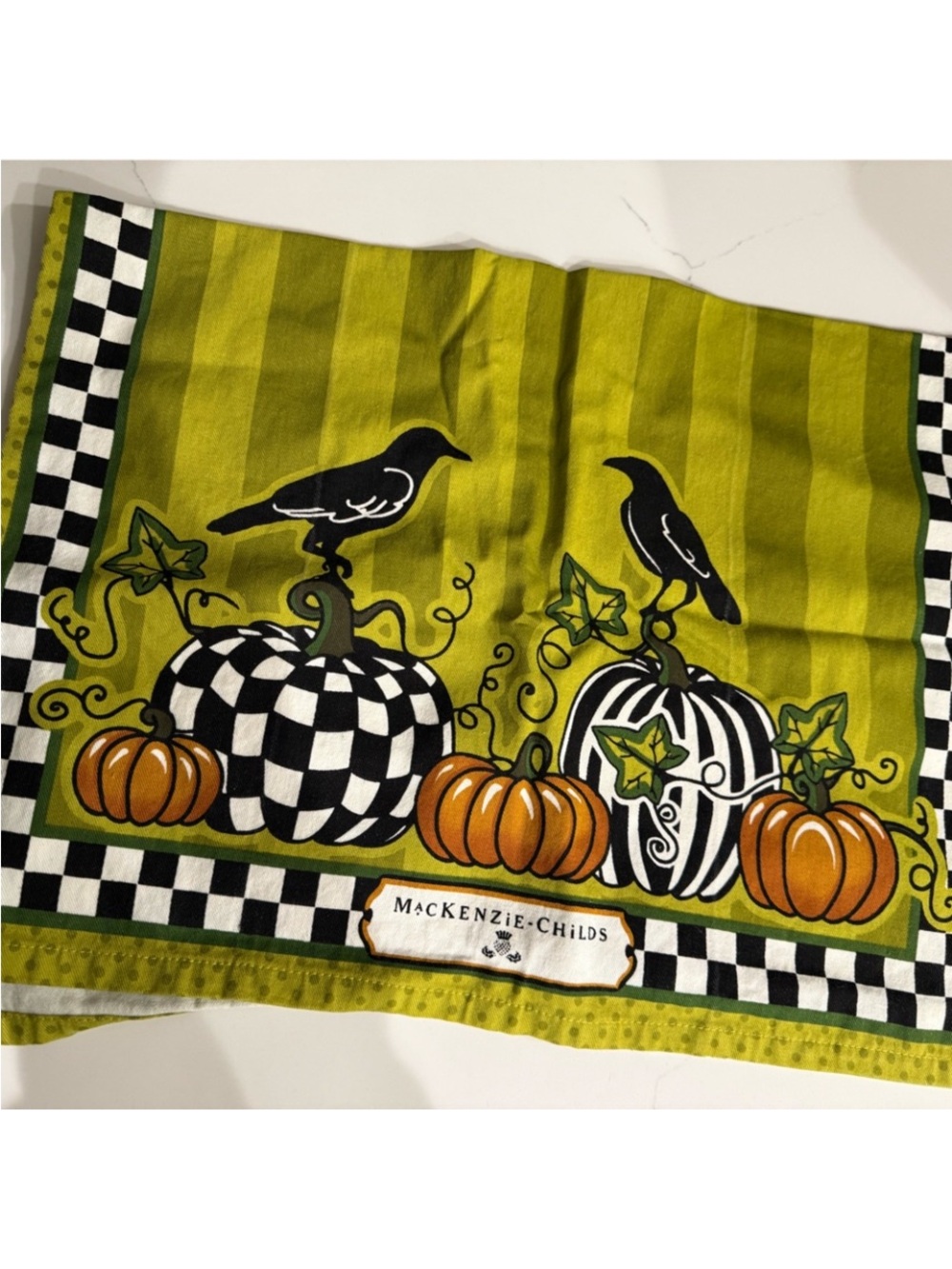 MacKenzie-Childs Lime Green Check & Pumpkin Kitchen Towel/ discontinued
